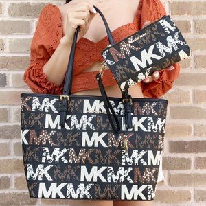 Michael Kors Jet Set Medium Carryall Tote Graphic MK Logo + Matching Wristlet